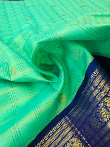 Exclusive Kanchivaram Korvai Pure Silk Pure Zari Silk Saree | Navy Blue & Light Green | Gold Zari | Handwoven | Ships from California
